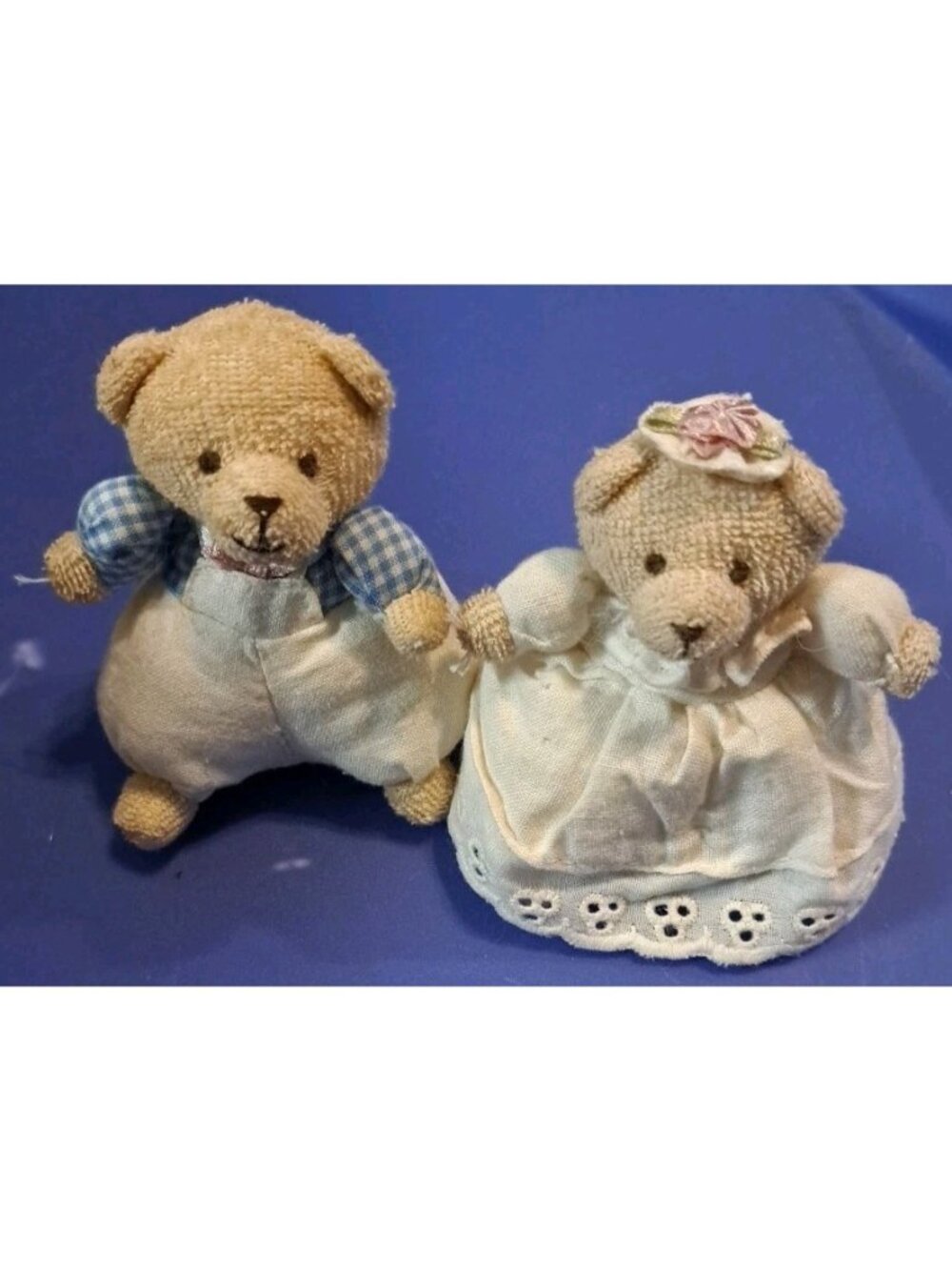 Vintage Handmade Teddy Bear Couple Set In Country-Style Outfits Floral Hat & Gin